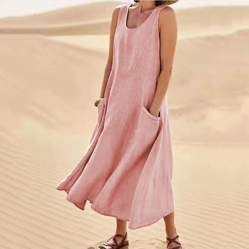 Robe de plage en coton et lin pour femme, 12 couleurs, poche en fibre, col rond, mode simple, jupe mi-longue pour femme