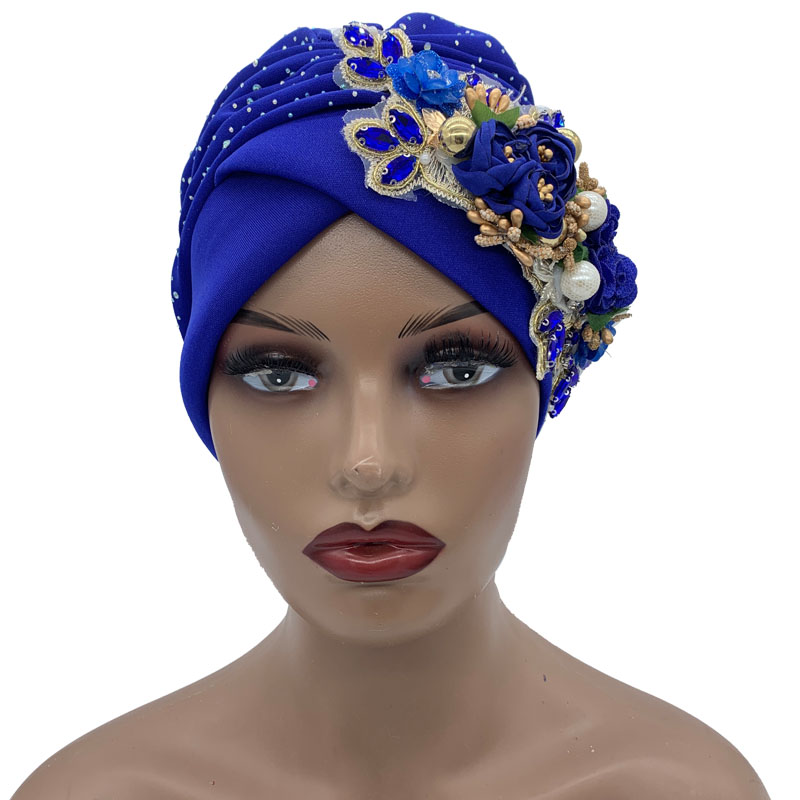 Nouveau Turban Africain Scintillant pour Femme, Coiffe de Fête, Foulard Musulman, Bonnet, Chapeau 2023 avec Bouquet de Strass