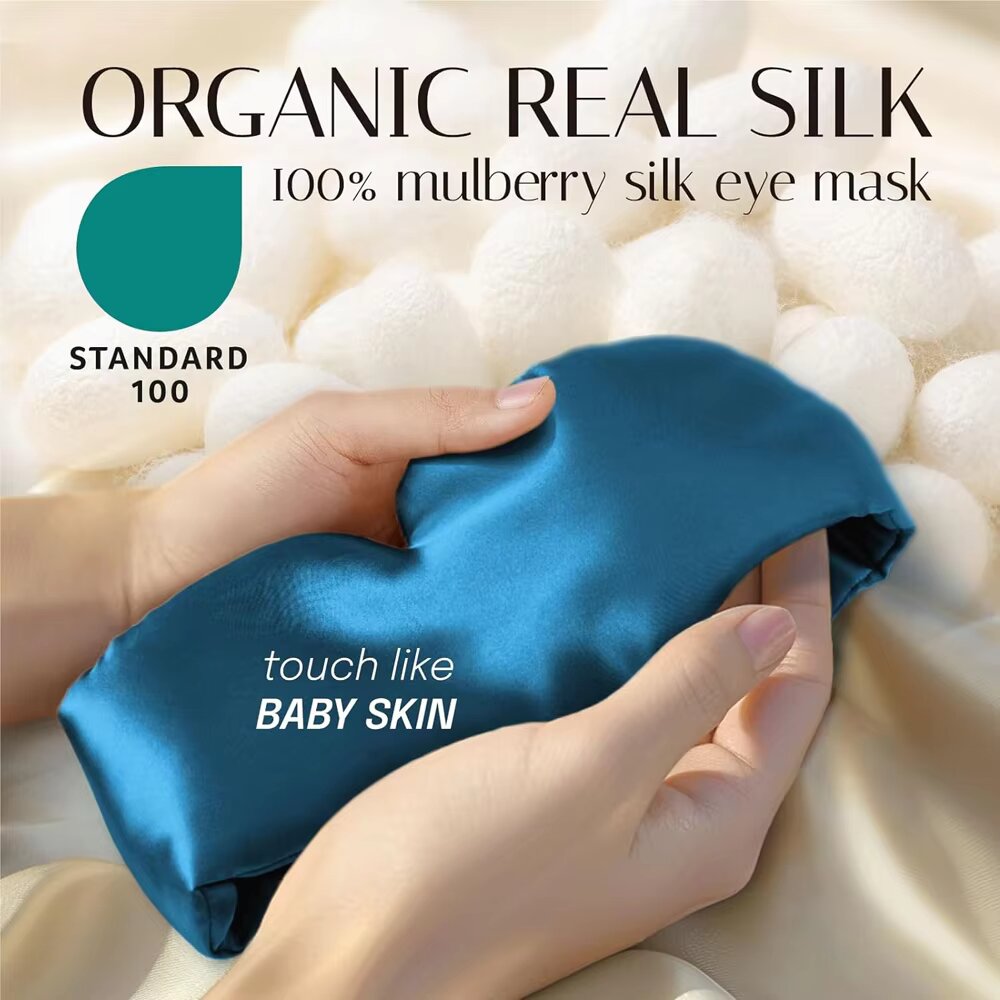 Masque de sommeil en soie doux et sans pression, 100% soie de mûrier pour les yeux et la peau, anti-rides, avec large bande velcro réglable pour les oreilles