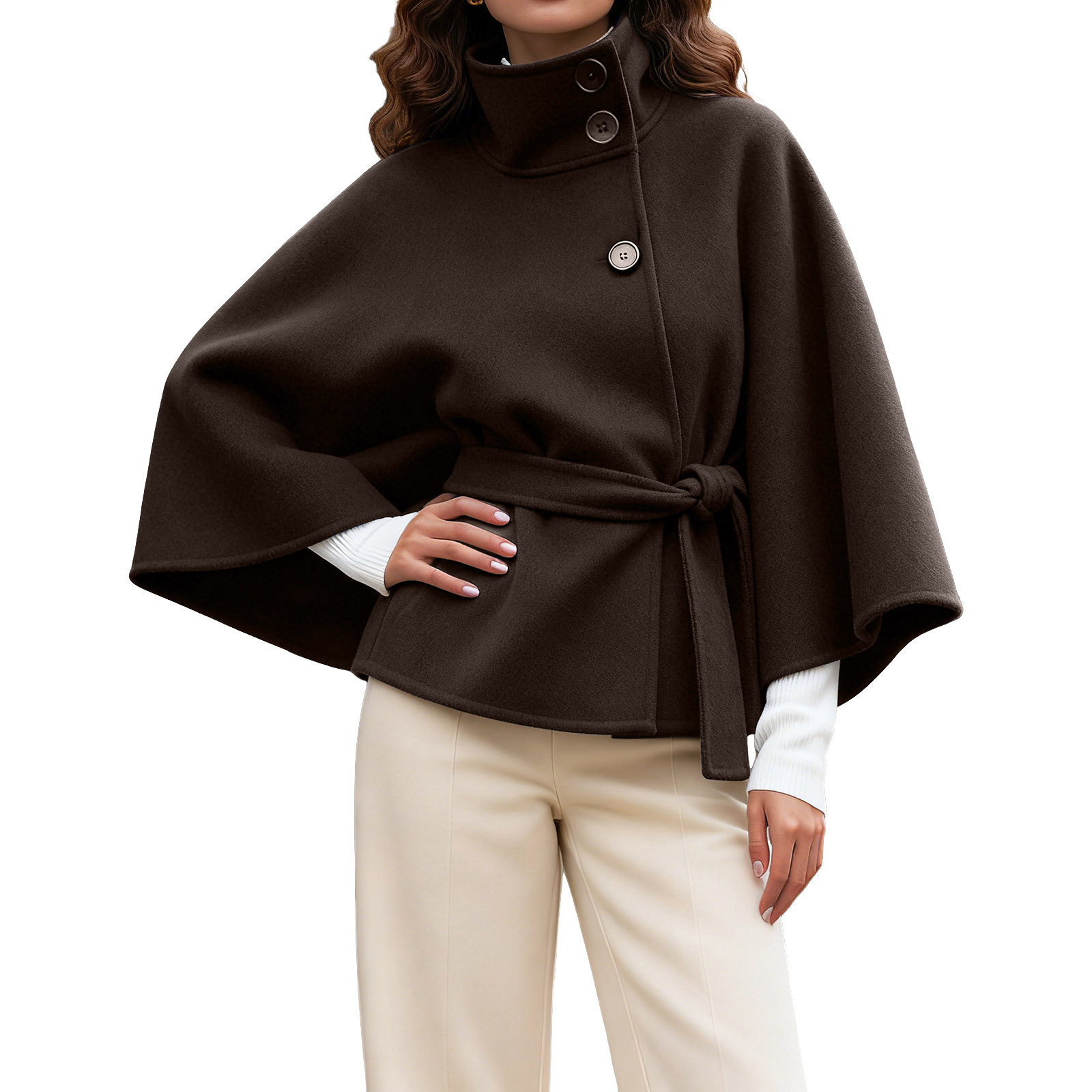 Manteau poncho à manches chauve-souris pour femme, veste courte en laine mélangée, pull en polaire décontracté pour femme, idéal pour l'hiver