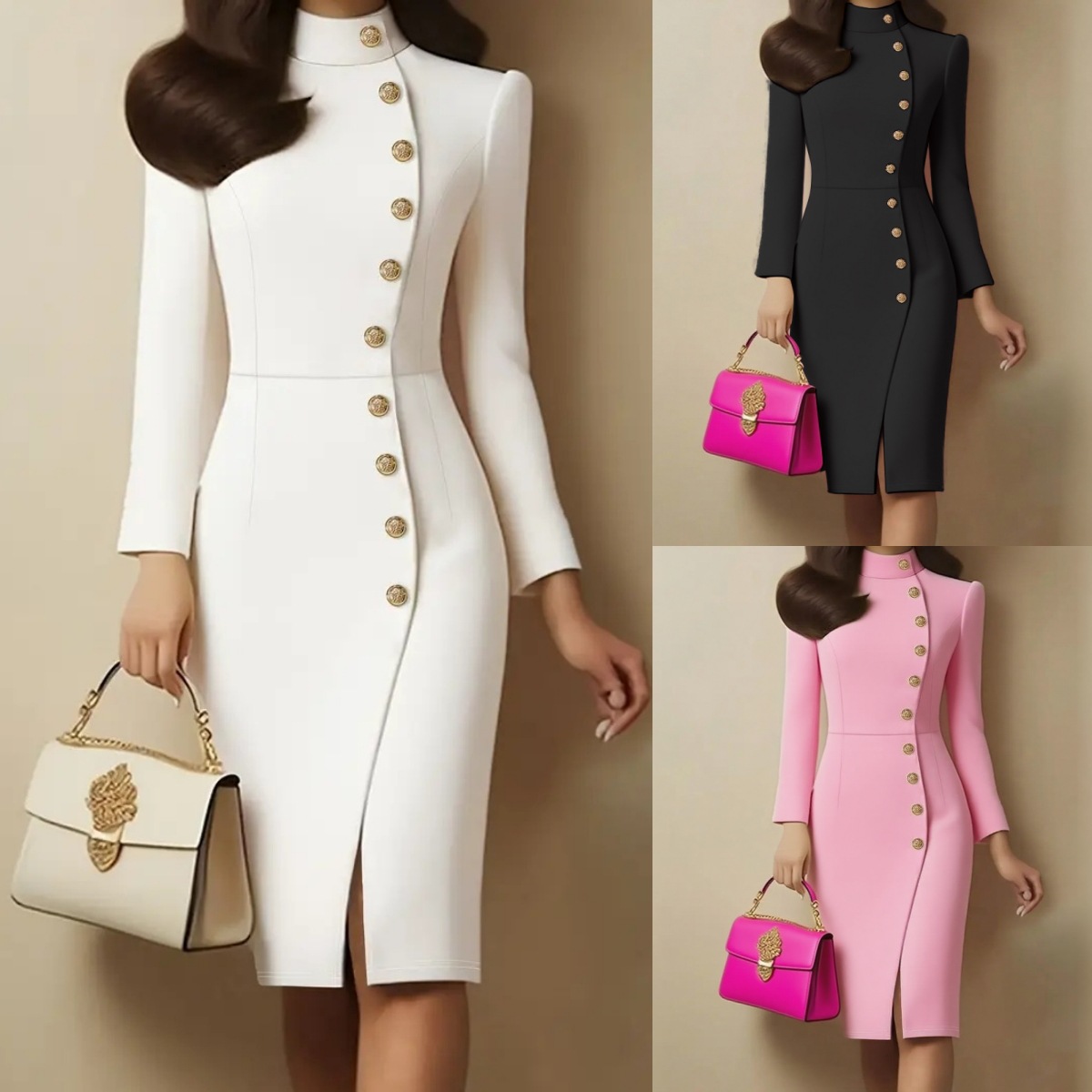 Robes pour femmes 2026 – Nouvelle collection automne-printemps – Robe mini moulante à manches longues, col montant, boutons métalliques et fente – Vêtements vestidoes