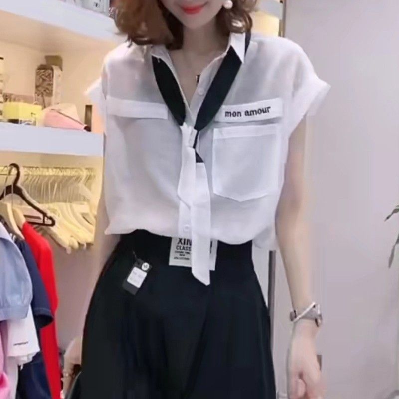Chemise ample à col rabattu pour femme, vêtement de bureau, poches élégantes, Patchwork, cordon de serrage, couleur unie, été