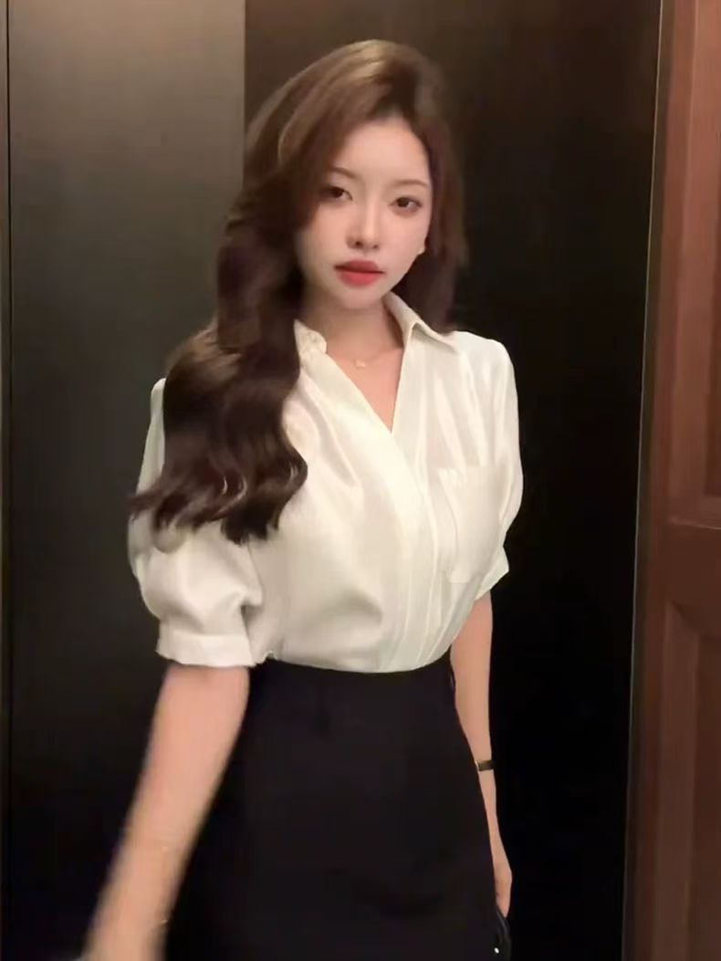 Été blanc chemise à manches courtes 2025 nouveau col en v en mousseline de soie haut élégant bureau dame vêtements hauts haut de gamme chemise mode Blouses Chic