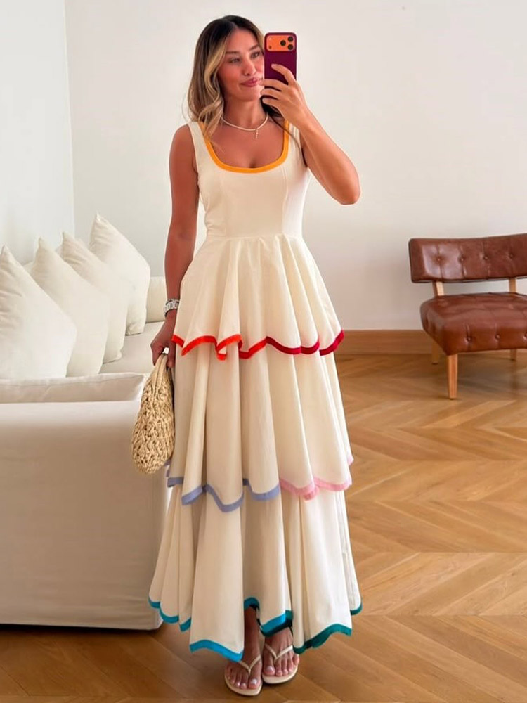 Robe Chic Femme Tendance Col Rond Sans Bretelles Sans Manches à Ourlet Volanté Cascade Nouveauté Été 2026 pour Tenue Quotidienne