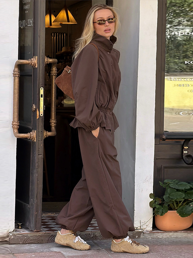 Ensemble pantalon et veste coupe-vent pour femme, survêtement deux pièces, haut court à col montant, pantalon large, style streetwear, collection printemps