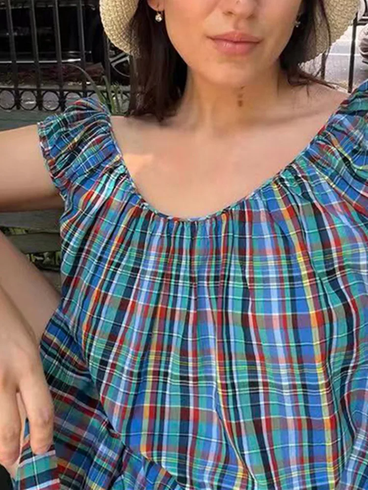 Robe Courte Ample sans Manches à Col Rond pour Femme Style Vintage ou Haut Chemisier, Nouvelle Robe Mini Débardeur à Carreaux 2026 + Hauts