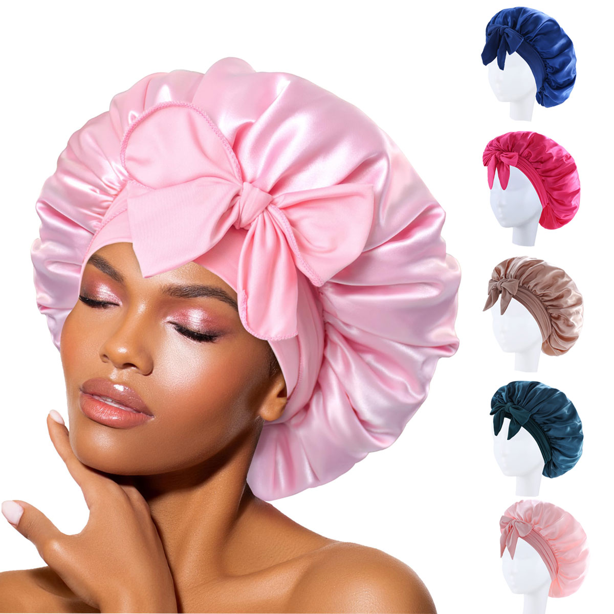 Chapeau en soie avec nœud pour femmes, grand Bonnet de soins pour cheveux longs et bouclés, Double couche, bande élastique douce, bonnet de sommeil antidérapant