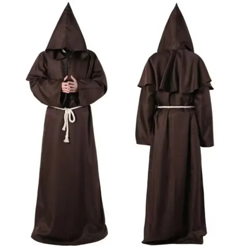 Robe de prêtre rétro, Costume de Cosplay d'halloween, magicien fantaisie Punk, masque de cape, Robe de moine médiévale, capuche de moine