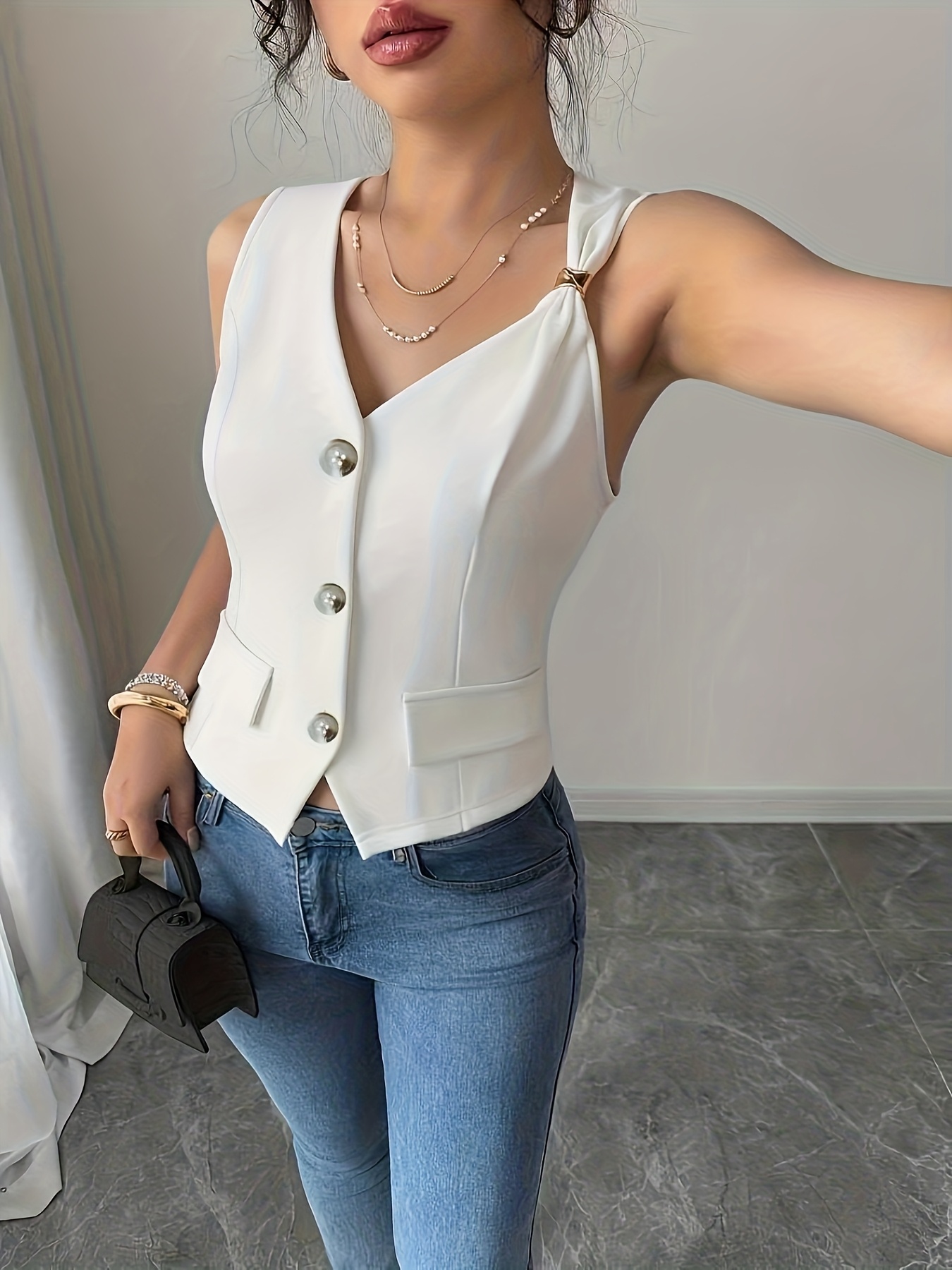 Gilet de mode pour femmes, de qualité supérieure, uni, style professionnel pour les trajets quotidiens, ouverture sur le devant, imitation poche, veste sans manches