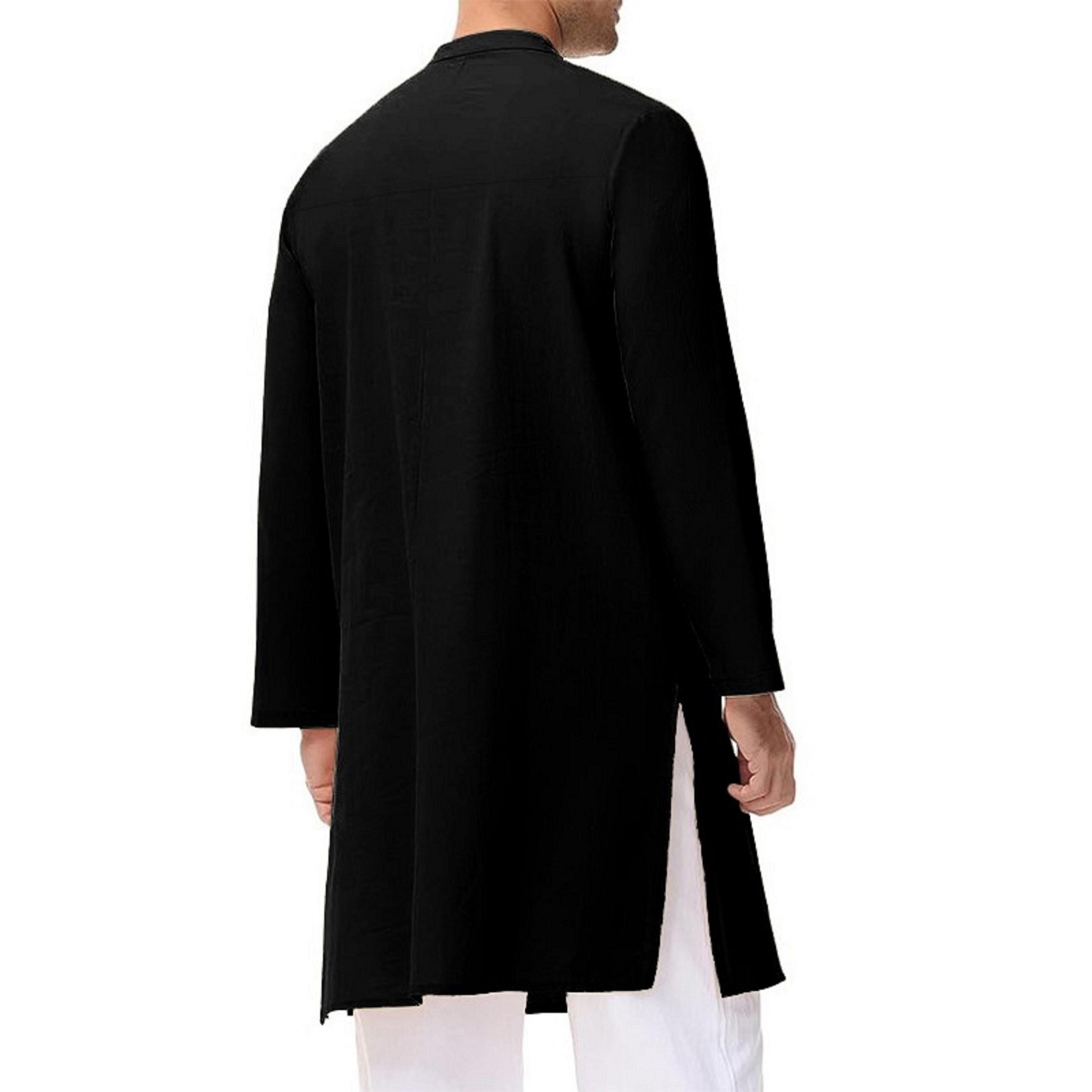 Robe musulmane noire à col montant pour hommes, mi-longue, personnalité décontractée, mode, chemise de couleur unie, vêtements traditionnels pour hommes