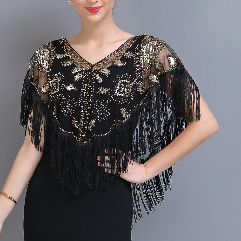 Châle à paillettes pour femme style années 20 avec franges perlées, en maille transparente, boléro Gatsby, cape de soirée