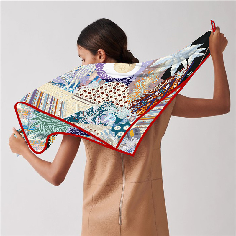 Foulard en soie femmes soleil monde imprimer foulards carrés tête Echarpes Foulards en soie Femme enveloppes plage châle Bandana dame Hijabs 90CM