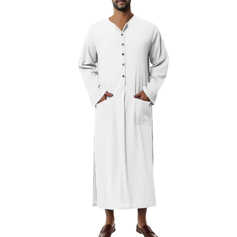 Robes musulmanes pour hommes, couleur unie, manches longues, poches en coton, boutonné, loisirs, Vintage, caftan arabe islamique, dubaï, nouveau