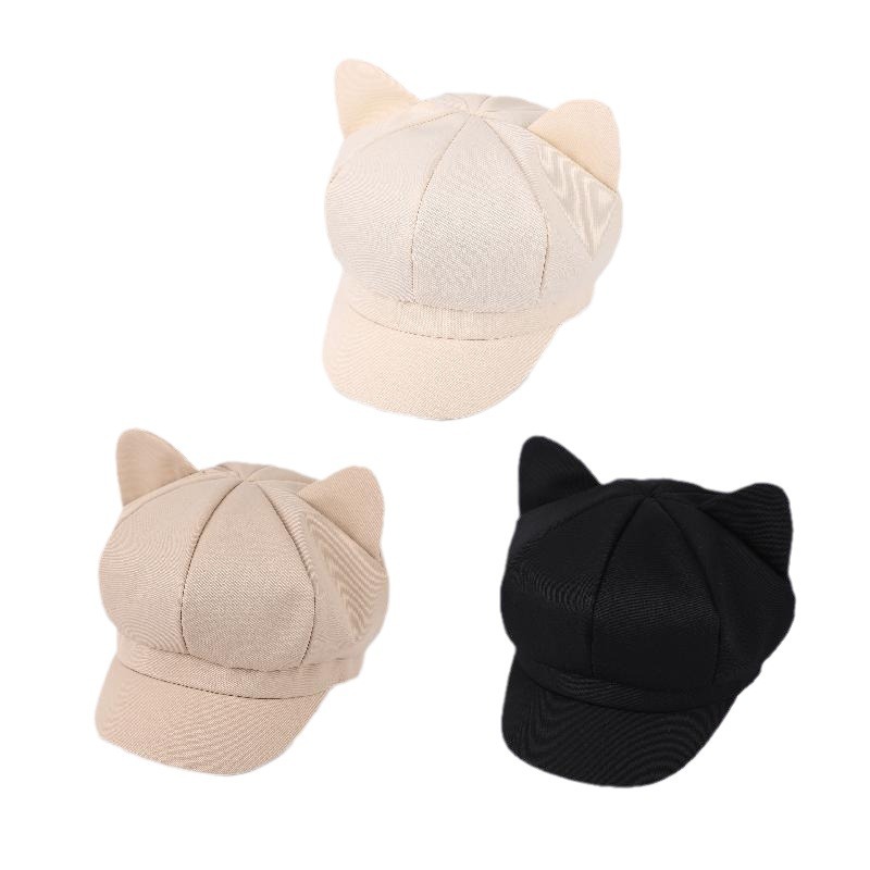 Béret femmes mignon chat oreille doux octogonal chapeaux pour femmes casquette gavroche peintre chapeau Style coréen couleur unie noir