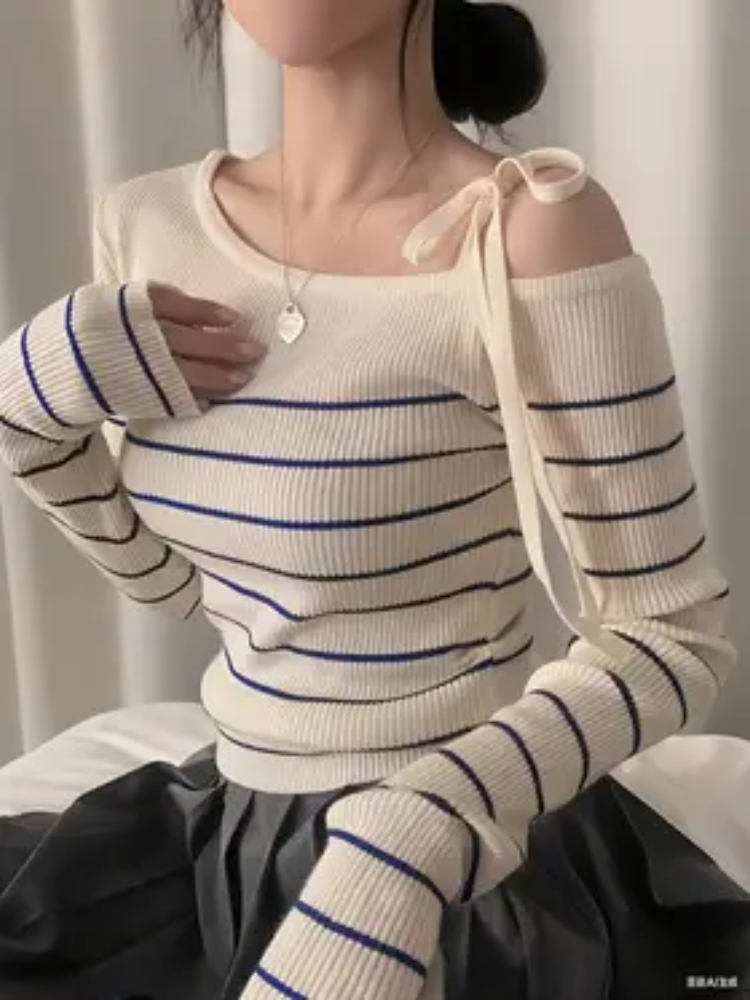 T-Shirt élégant à épaules dénudées pour femme, pull à rayures noires et blanches avec lacets réglables, haut Chic et décontracté, nouvelle collection automne hiver 2026