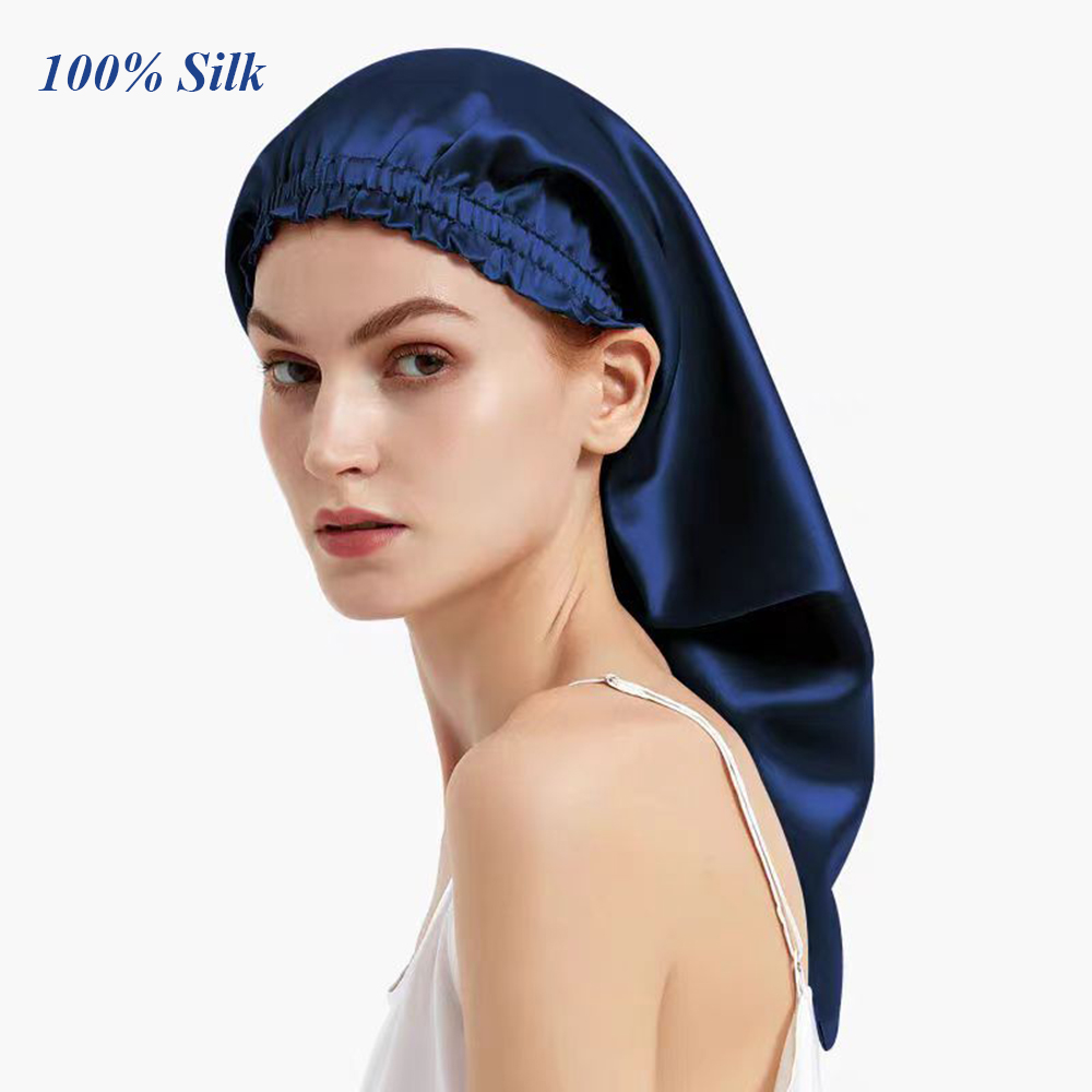 Bonnet de nuit 100% soie de mûrier, long turban/bonnet en soie pour dormir, bonnet de douche, enveloppe capillaire pour le sommeil 50CM