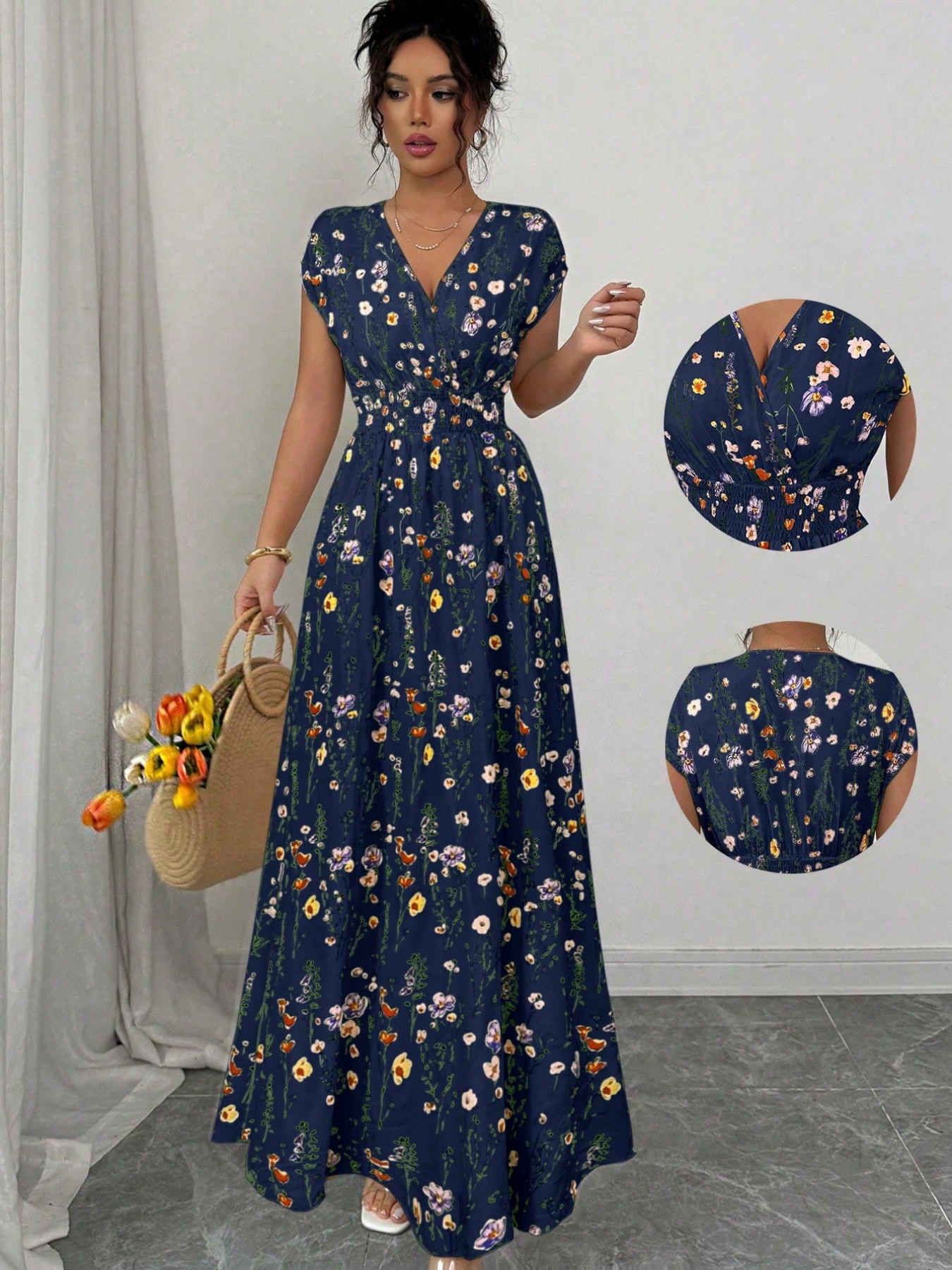 Nouvelle collection transfrontalière de vêtements pour femmes : Combinaison longue élégante à fleurs, col en V et taille cintrée, style français