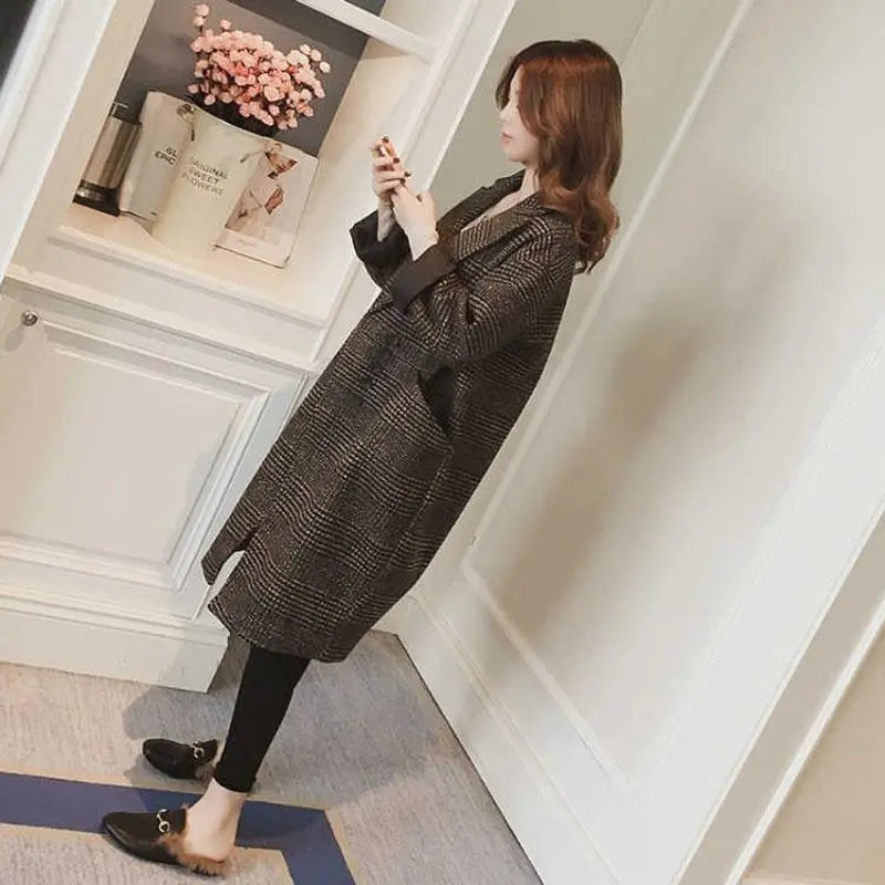 Manteau à grille mille oiseaux pour femmes, veste en Y en laine mélangée, vêtements d'extérieur au-dessus du genou, mode coréenne, automne et hiver