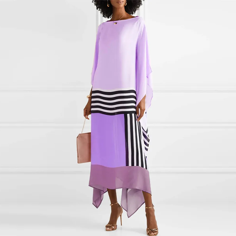 Robe longue irrégulière à col rond pour femmes, manches chauve-souris, robe maxi Boho, patchwork, imprimé rayures bonbons, caftan, printemps, été