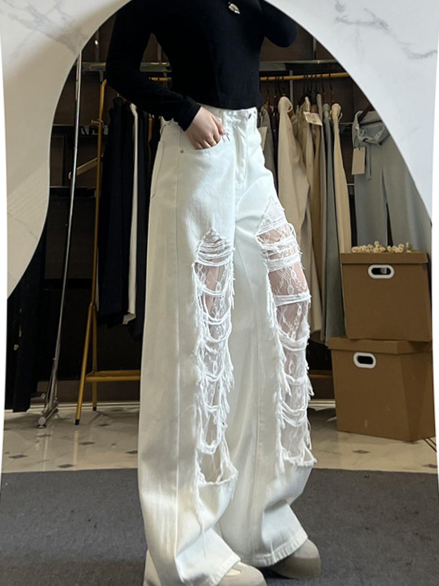 Jean blanc en détresse pour femmes, nouveau Design d'été, Slim, taille haute, jambes larges, avec frange en dentelle, 2025