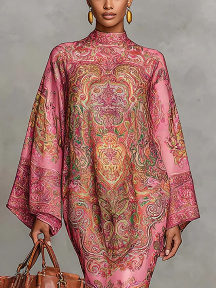 UOOZEE femmes Vintage élégant imprimé col haut caftan Robe manches longues ample élégant soirée robes mi-longues Robe 2026 nouveau