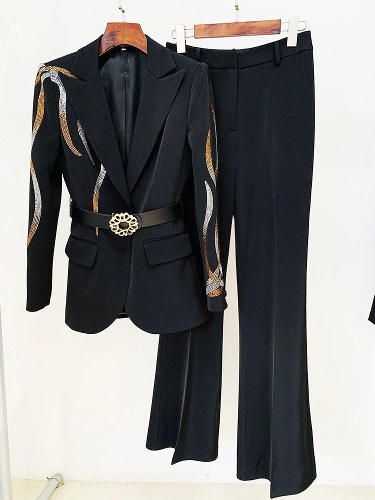 Blazer et pantalon évasé avec ceinture pour femme, ensemble de piste de créateur, diamants colorés trempés, nouvelle mode ET, remise des diplômes élevée, 2 pièces, 2025