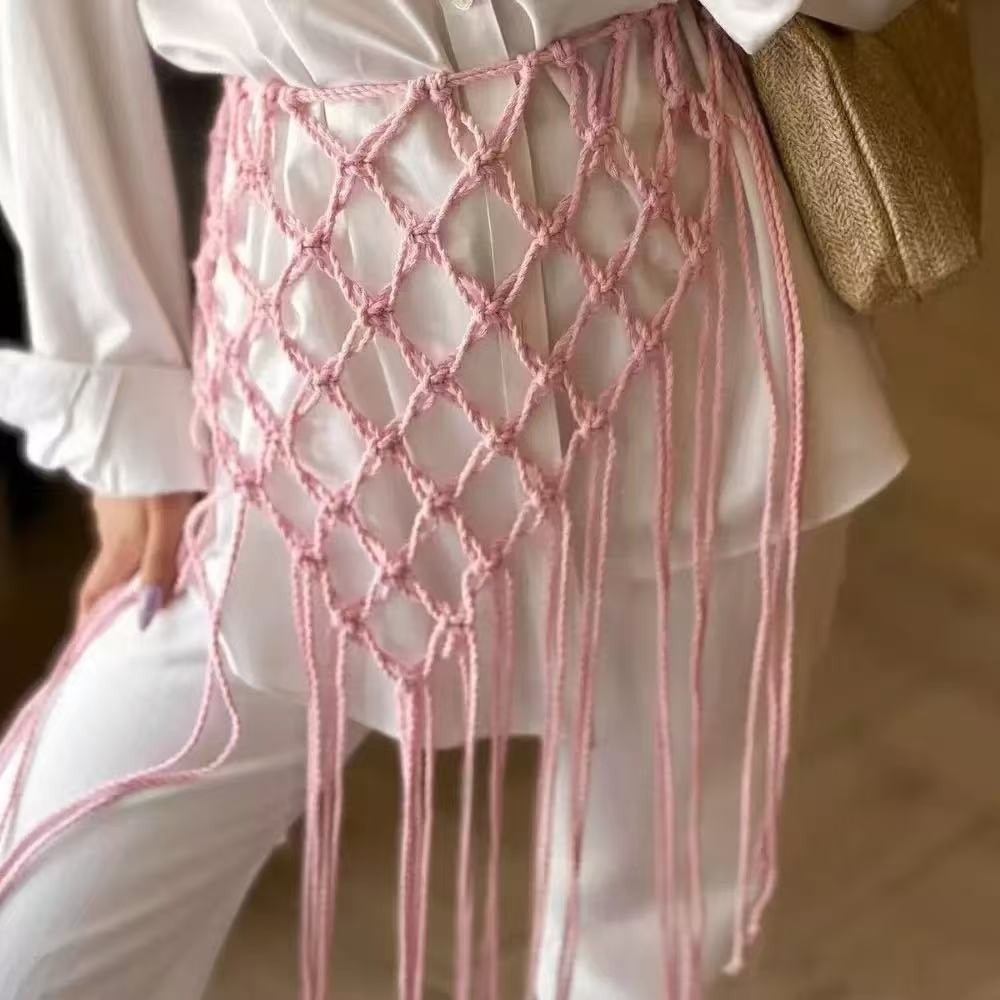 Ceinture tissée à la main en maille avec pompons, style ethnique ancien, polyvalente et ajustable, pour jupes, mode féminine