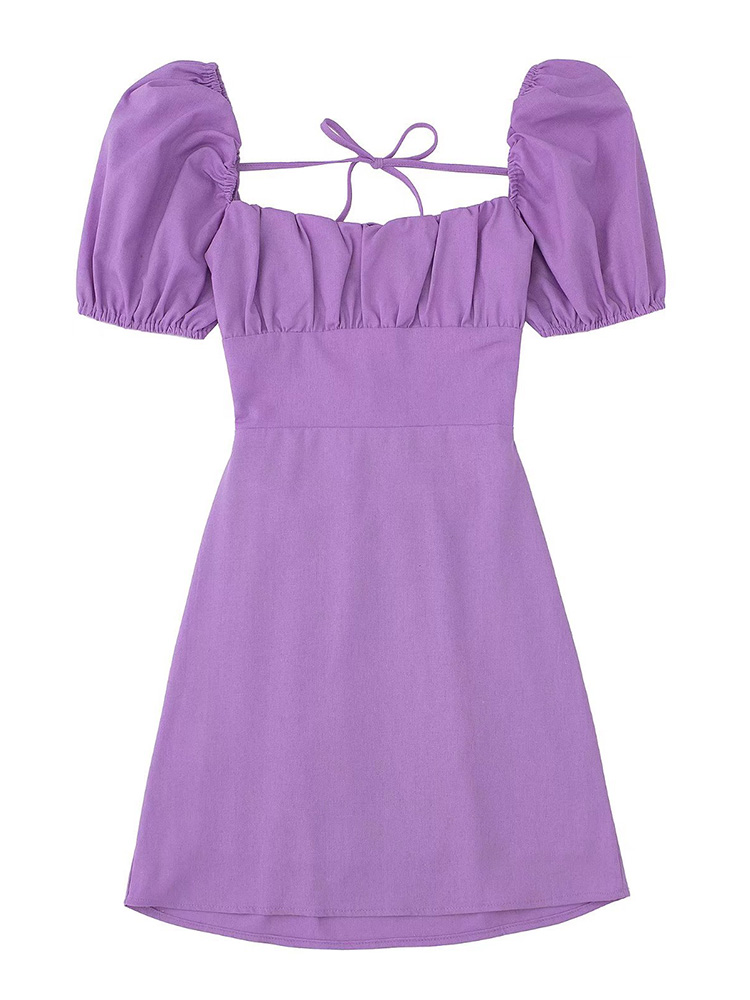 Robe en lin mélangé blanche, à la mode, pour femmes, avec un décolleté carré, de courtes manches bouffantes et un dos nu, ainsi que des bretelles croisées.
