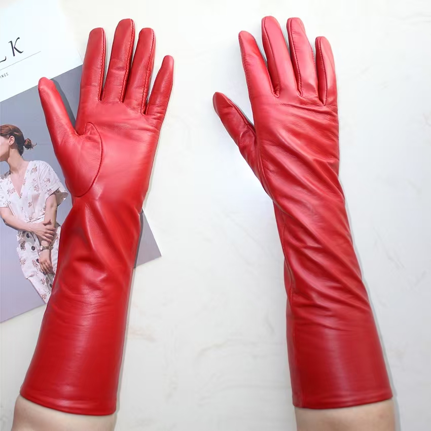 Nouveaux gants longs en peau de mouton pour femmes, gants en cuir de couleur unie pour écran tactile intérieur en soie fine