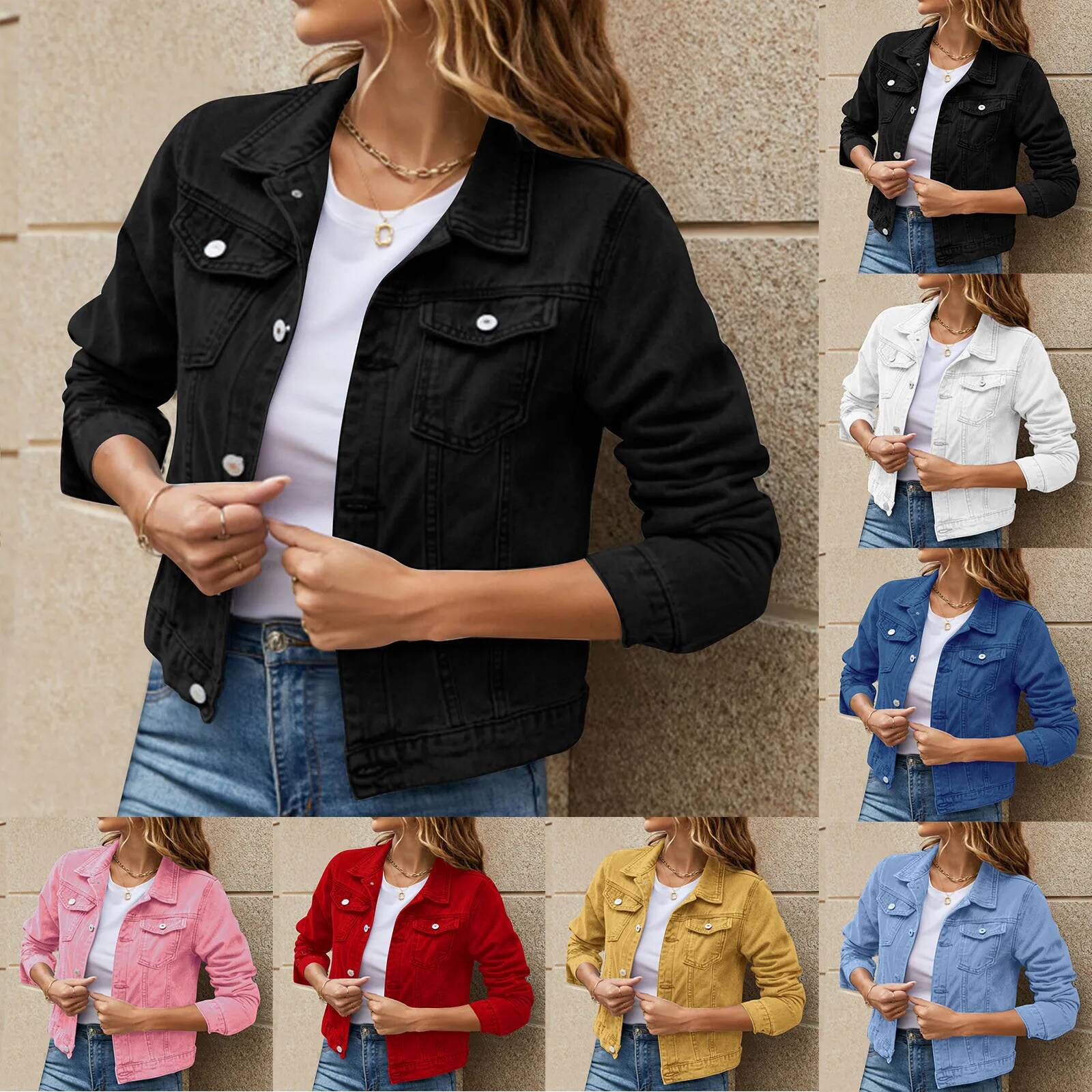Veste en Jean pour femmes 2025 couleur unie noir bleu jaune rose rouge décontracté à manches longues boutonné poche poitrine Jean veste dame