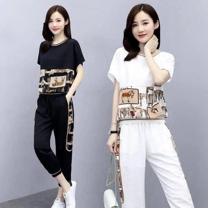 Ensemble de vêtements de sport tendance pour femmes, taille plus, été, nouveau, ample, amincissant, décontracté, manches courtes, ensemble deux pièces, style élégant