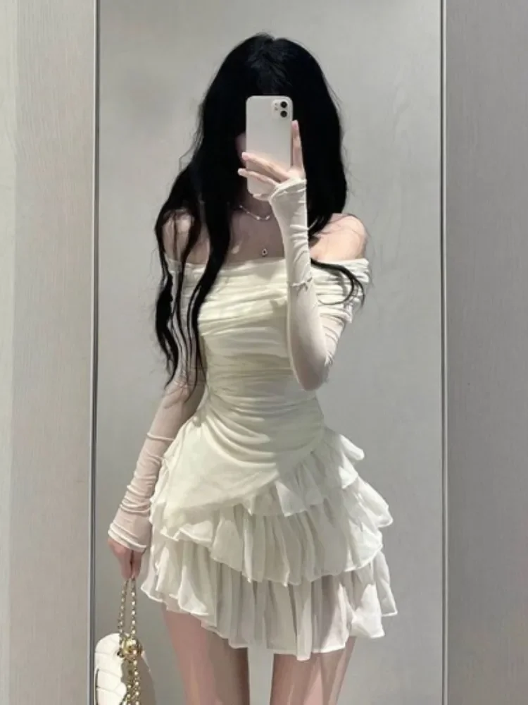 Ensemble deux pièces hauts et jupes pour femmes, col Slash, couleur unie, plissé, Slim, irrégulier, mode Chic, robe de bal superposée, jupes