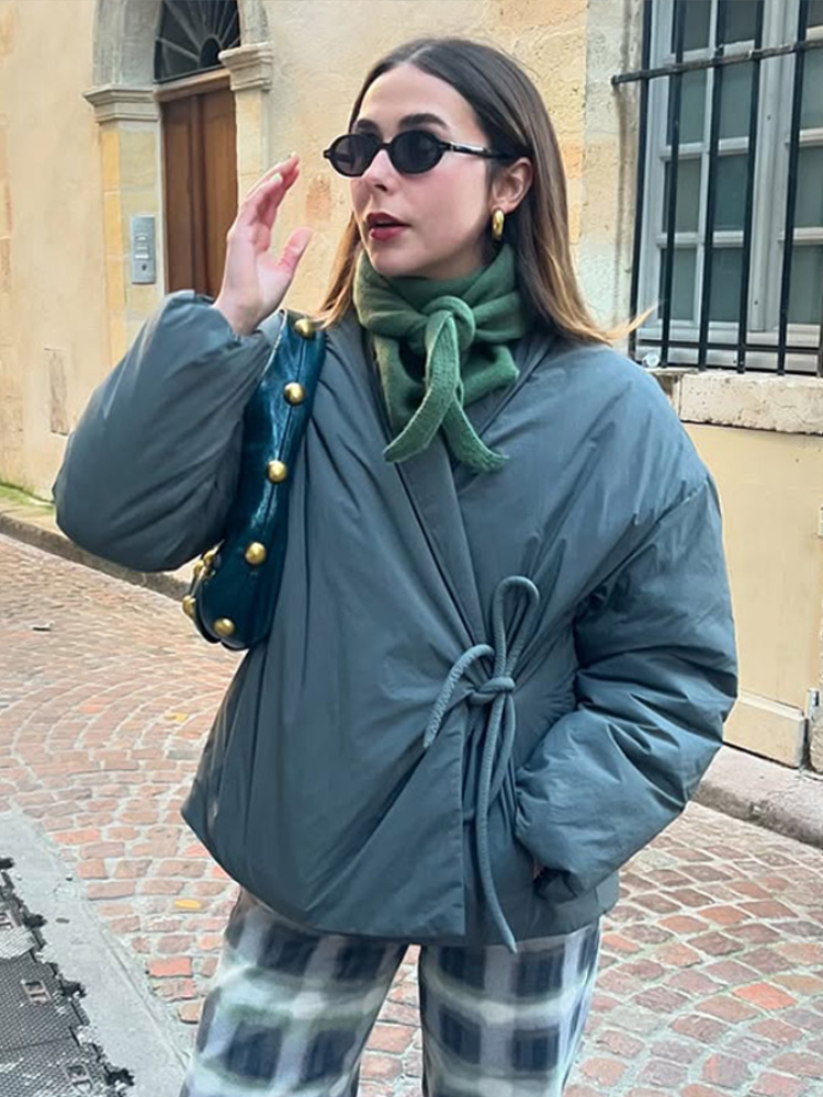 Manteau en coton à lacets gris décontracté pour femmes, col en V, poche de luxe, vestes optiques, rue chic féminine, vêtements d'extérieur assortis, automne, 2024