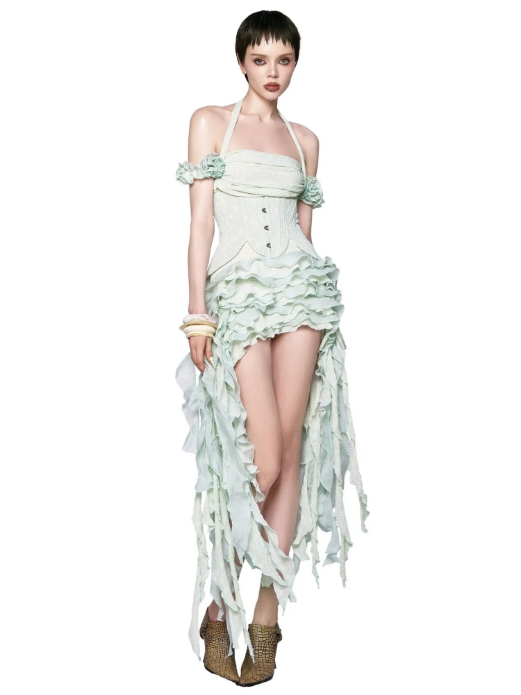 Robe drapée à volants pour femmes, ensemble trois pièces, Sexy, col licou, pliable, haut Corset à lacets, short, costumes de fête, Cocktail