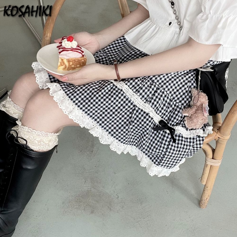 KOSAHISTOYLE-Jupe en dentelle à carreaux pour femmes, taille haute, robe de Rh, élégante, style japonais, assortie avec tout, mignonne, mini, mode, été