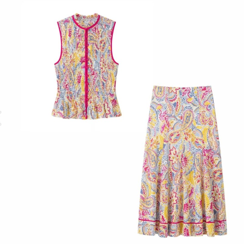 Ensemble jupe imprimée pour femme, haut sans manches à col rond avec boutons, jupe brodée ajourée à fermeture éclair, ensemble décontracté 2 pièces tendance pour l'été