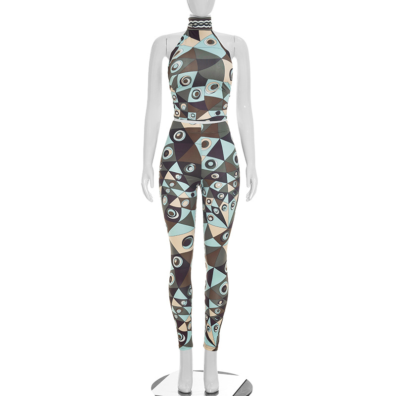 Ensemble 2 Pièces Élégant pour Femme 2026 : Crop Top Halter à Nouer au Dos et Pantalon Skinny Taille Haute à Imprimé Géométrique – Tenue Assortie Idéale pour les Vacances