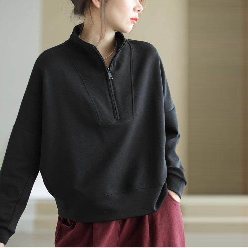 Sweat-shirt à col montant et demi-zip pour femme, couleur unie, doux, à manches longues, pull décontracté et confortable pour femme, collection printemps