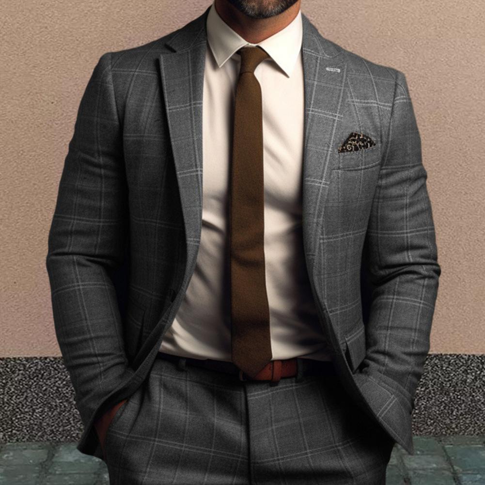 Veste de Costume Homme Formelle Style Business Coupe Slim Imprimé Carreaux Manches Longues Fermeture à Bouton Unique Longueur Moyenne Cardigan Droit Manteau de Travail