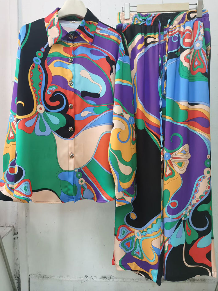 Ensemble 2 pièces pour femme : chemise à imprimé abstrait et pantalon large, élégant, chemisier à manches longues et revers, pantalon à taille élastique assorti