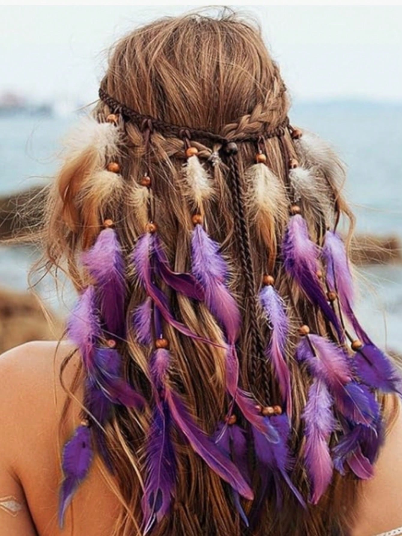 Serre-tête bohème à plumes, accessoire de tête hippie violet, coiffe indienne à plumes, accessoires de cheveux pour femme