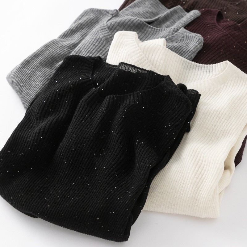 Pull à couche de base tricotée à col mi-haut et paillettes en laine mérinos 100 % super fine pour femme, pull fin ajusté, élégant et tendance pour les déplacements domicile-travail