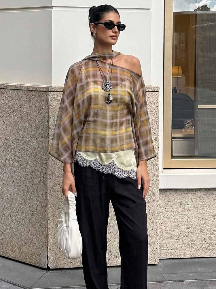 HH femmes mode Plaid imprimé Blouse Vintage décontracté ample asymétrique ourlet hauts avec écharpe été mince femme vacances plage tenues