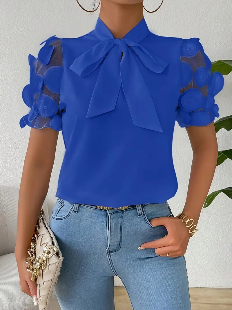 Chemisiers pour femmes à la mode col rond maille Patchwork chemisier à manches courtes avec cravate au cou manches courtes hauts T-shirts