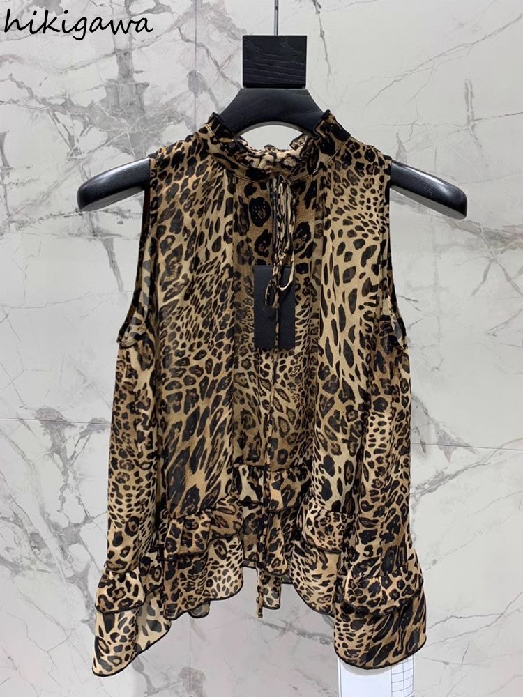 Chemisier imprimé léopard pour femmes en mousseline De soie sans manches chemises amples 2025 Blusas Mujer De Moda tempérament hauts Chic Blouses d'été