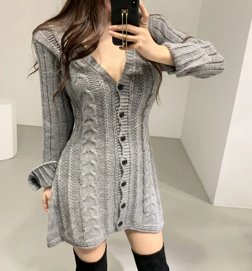 Robe pull pour femme, manches longues, tricot torsadé, boutonnée, ajustée, mini-robe, tenue rétro des années 90 pour adolescentes, automne-hiver