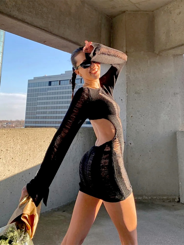 Robe en tricot déchirée à manches longues pour femmes, mini robe dos nu, robes E-Girl sexy, club, été, automne