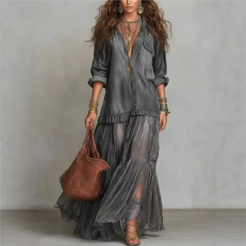 Nouvelle Robe Longue Décontractée et Élégante pour Femme en Imitation Jean avec Empiècements en Maille, Manches Longues, Col en V et Ourlet en Organza, Fermeture Simple Boutonnage, Collection Automne