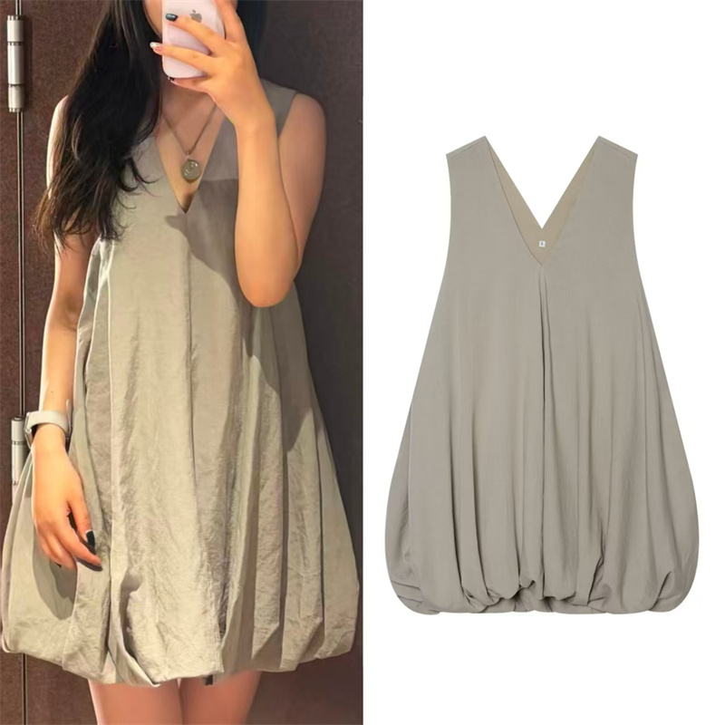 Robe pour femme, nouvelle collection été 2026, grise, sans manches, col en V, silhouette ballon, robe bouffante, mode décontractée, unique