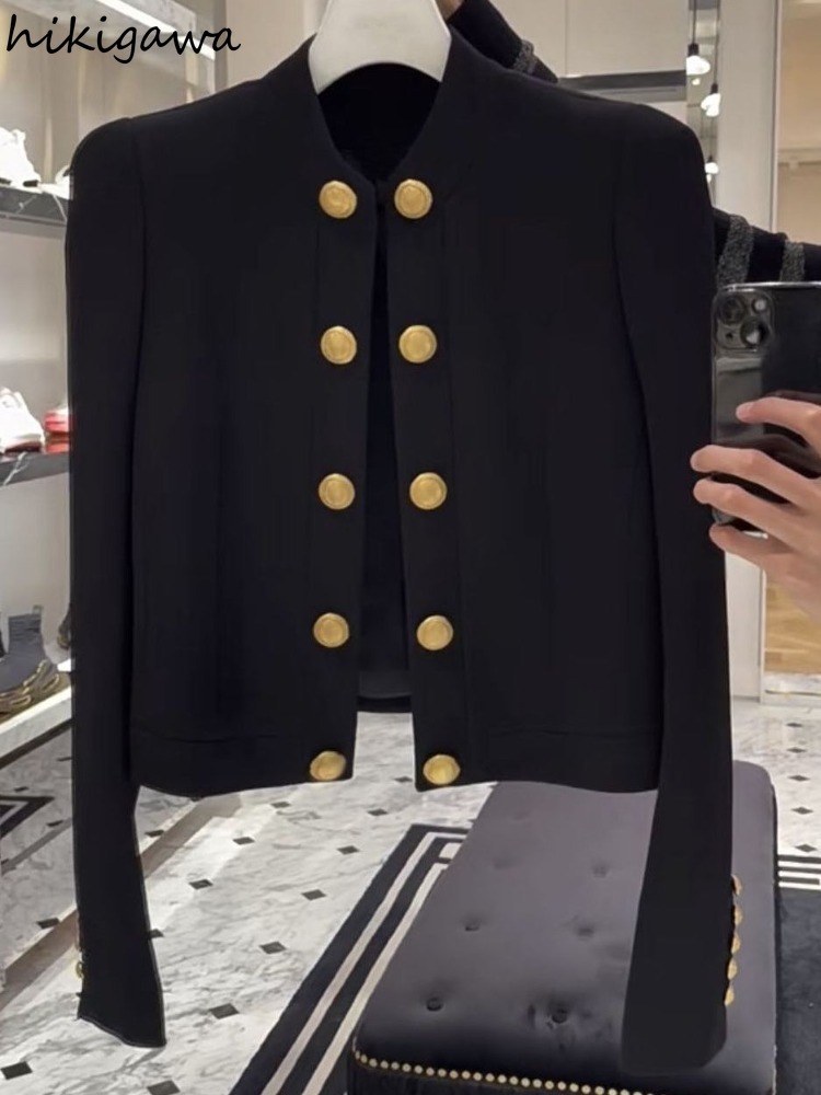 Vestes coréennes noires pour femmes, vêtements de tempérament pour dames, hauts à la mode, col montant, tunique à Double boutonnage, manteaux courts, 2025 Ropa Mujer